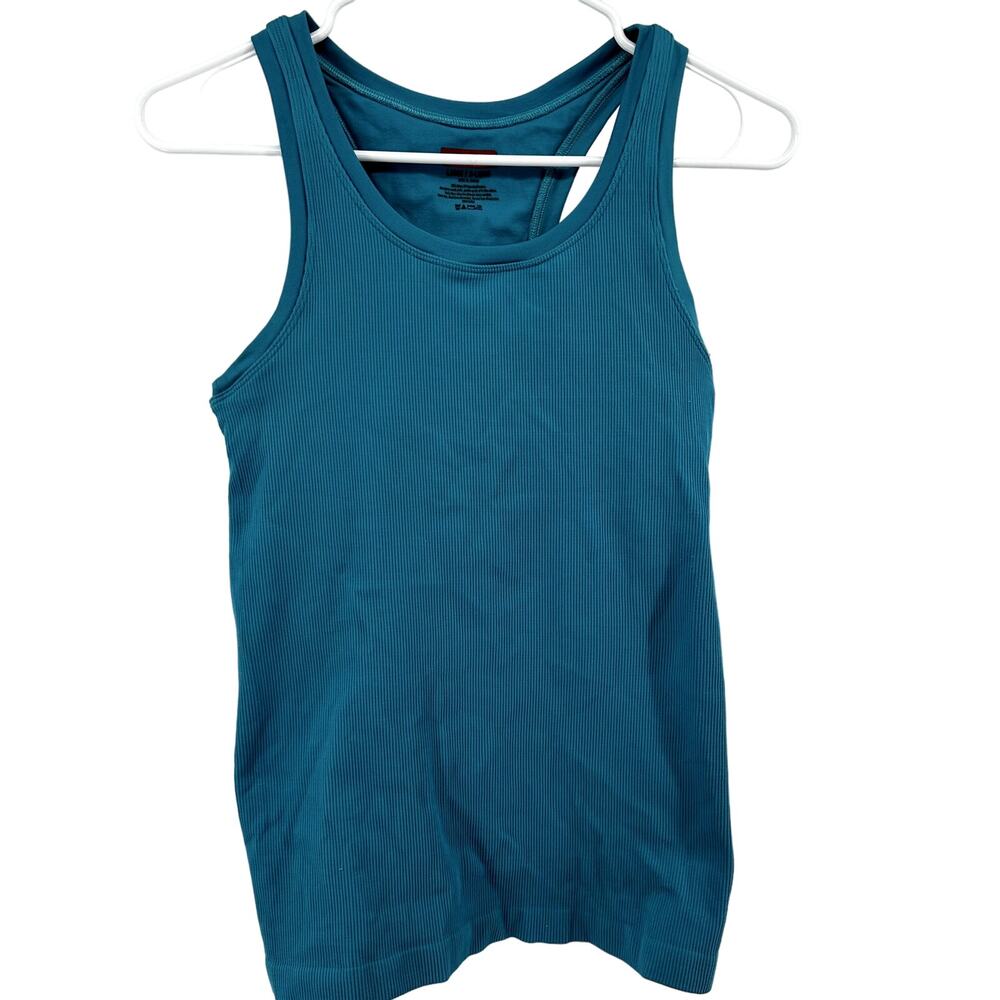 Spanx Ribbed Knit Tank Top Shelf Bra Shapewear Racerback Stretch Blue L/XL